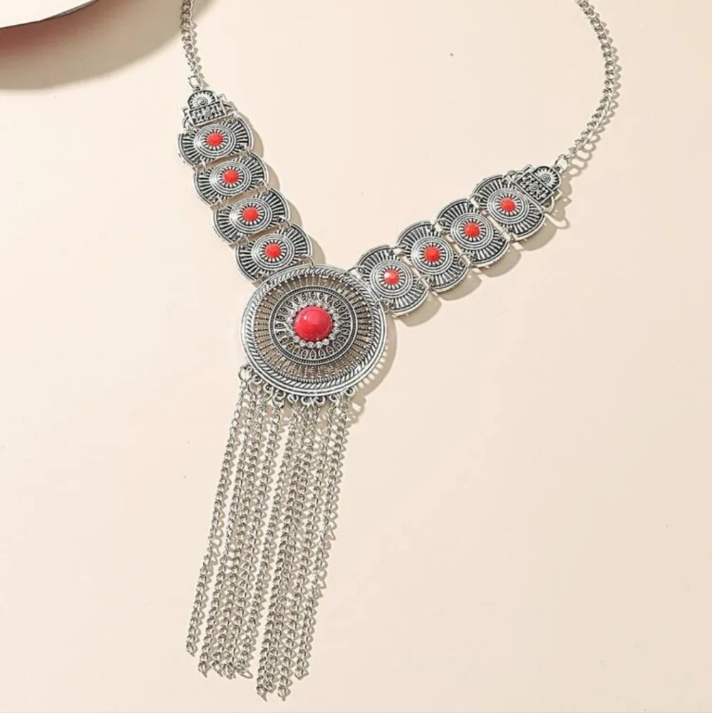 Large silver fringe necklace Red Beaded rhinestone‎ Western boho Statement Piece